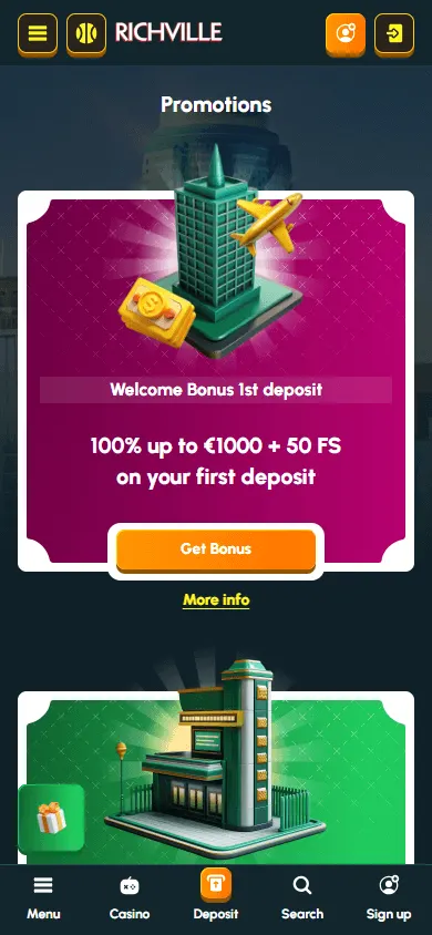 Richville Casino mobile promotions screen