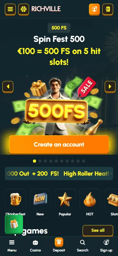 Richville Casino mobile home screen